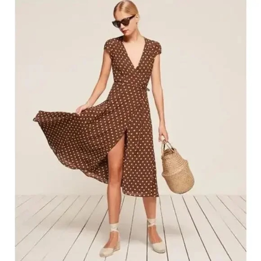 Reformation Chocolate Polka Dot Wrap Dress